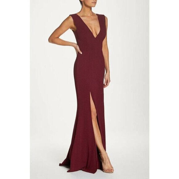 DRESS THE POPULATION Sandra Plunge Crepe Trumpet Gown in Burgundy Size X-Large - Picture 1 of 10